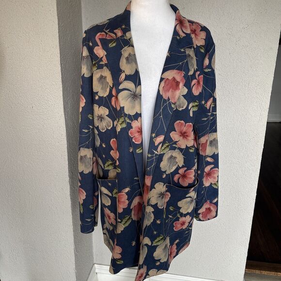Anthropologie Solitaire Blue Floral Faux Suede Oversized Blazer Jacket Sz Large - Picture 2 of 13